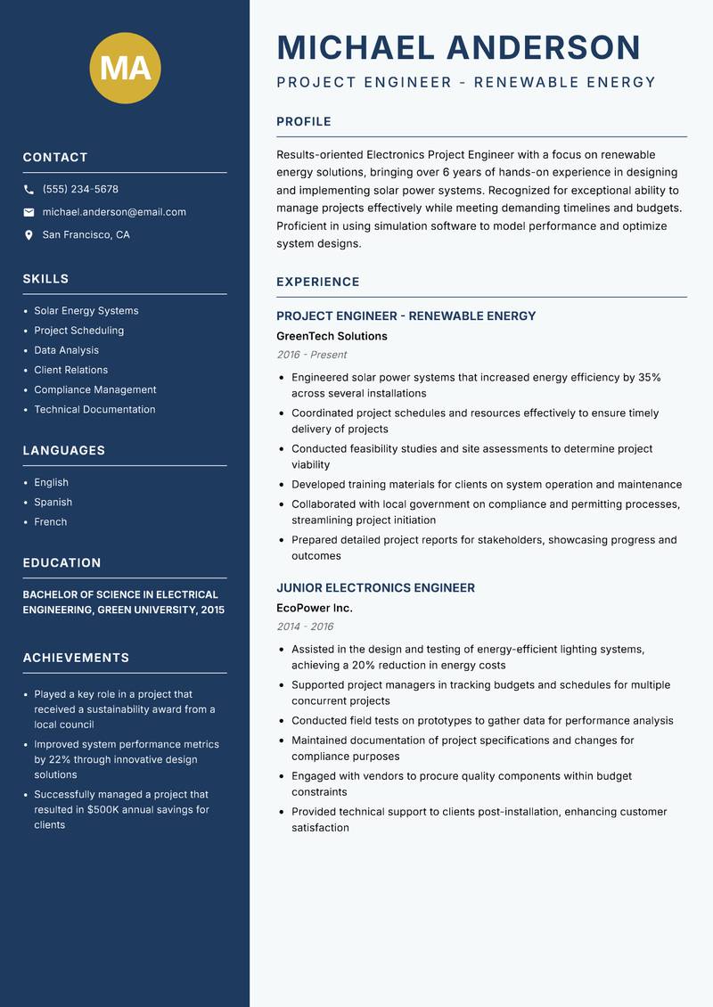 Electronics Project Engineer Resume Preview Example