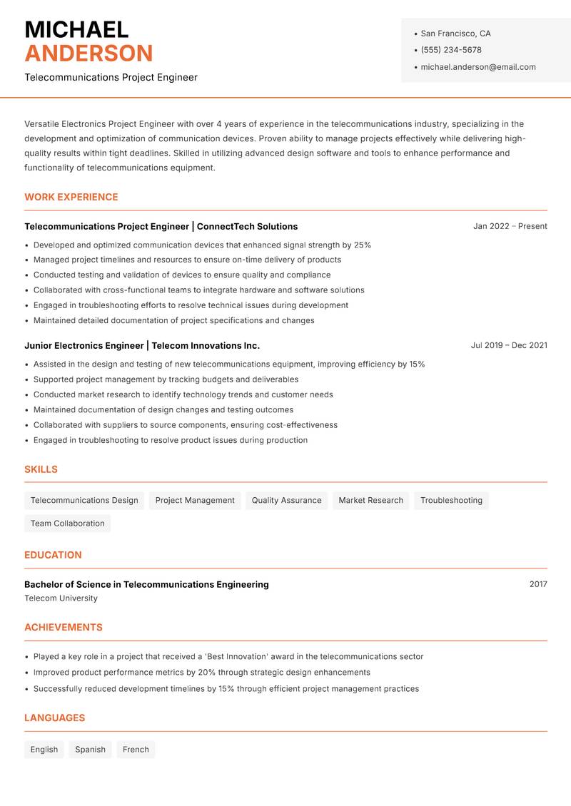 Electronics Project Engineer Resume Template