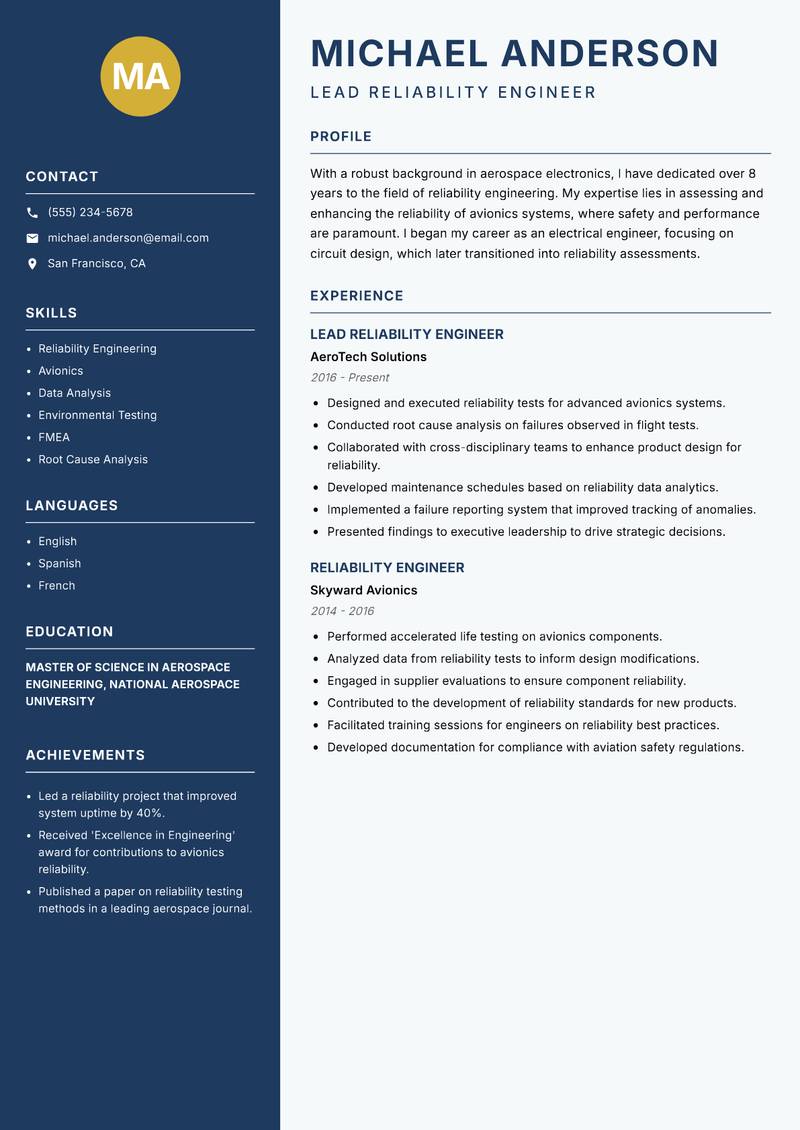 Electronics Reliability Engineer Resume Preview Example