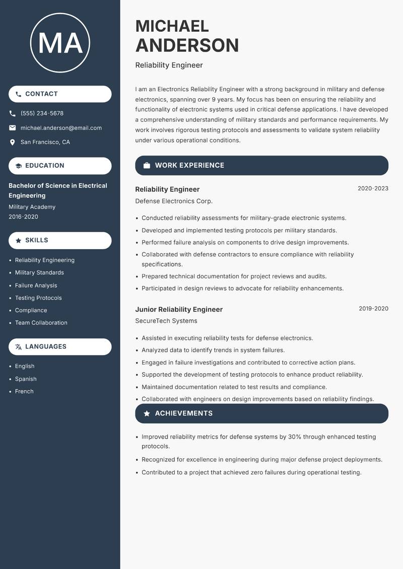 Electronics Reliability Engineer Resume Preview Example