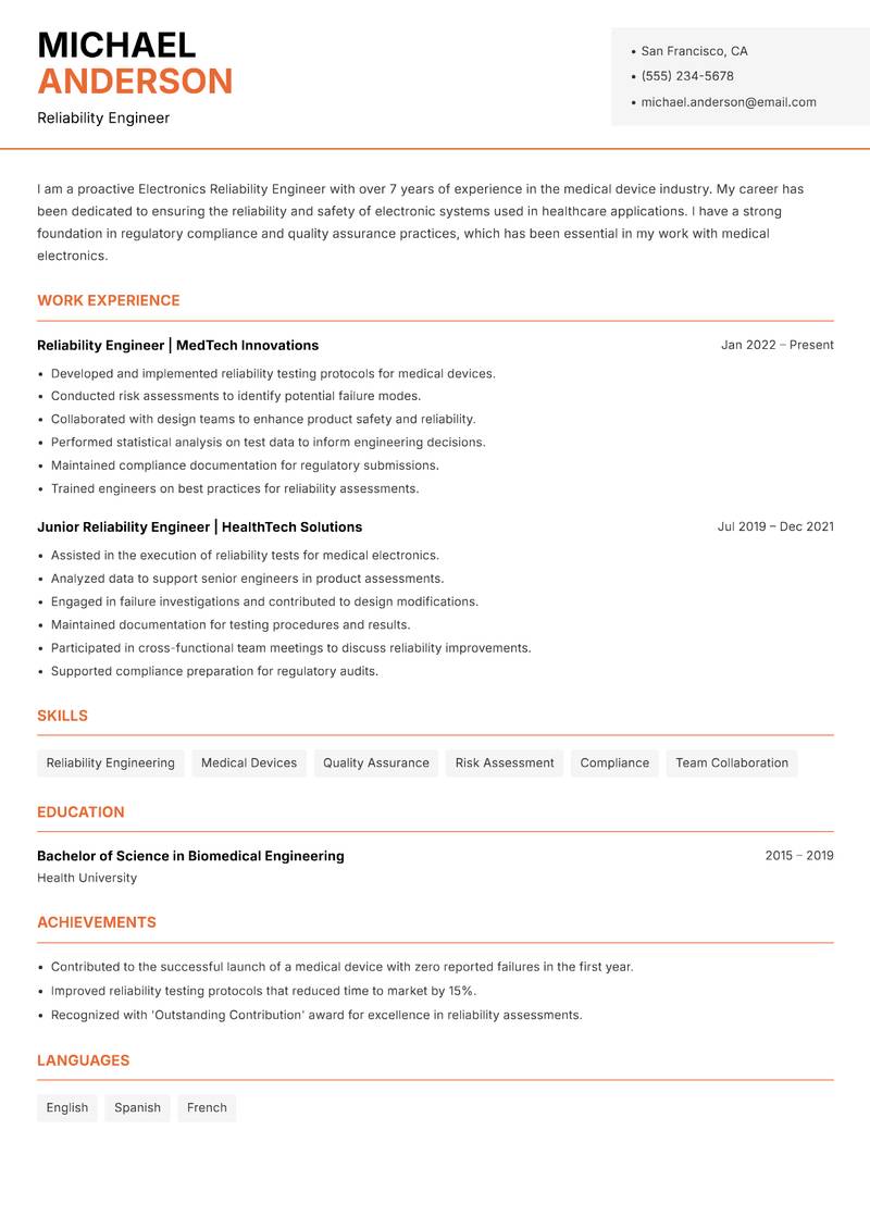 Electronics Reliability Engineer Resume Template