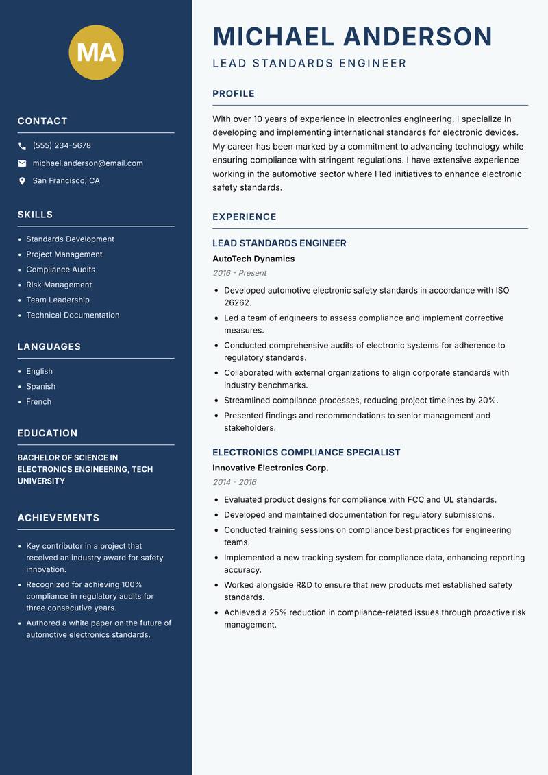 Electronics Standards Engineer Resume Preview Example