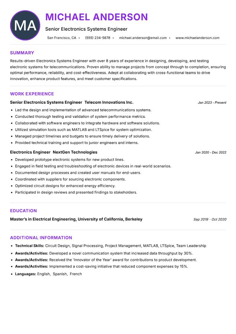 Electronics Systems Engineer Resume Preview Example