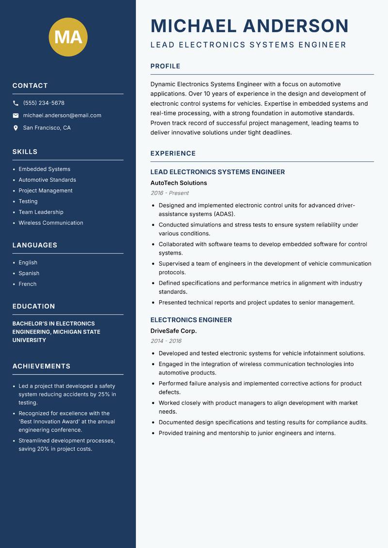 Electronics Systems Engineer Resume Preview Example