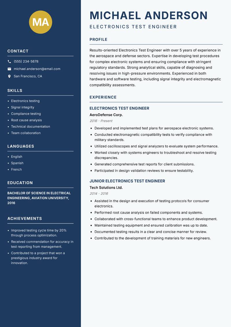 Electronics Test Engineer Resume Preview Example