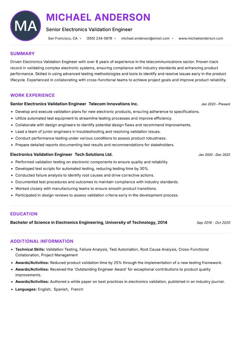 Electronics Validation Engineer Resume Preview Example