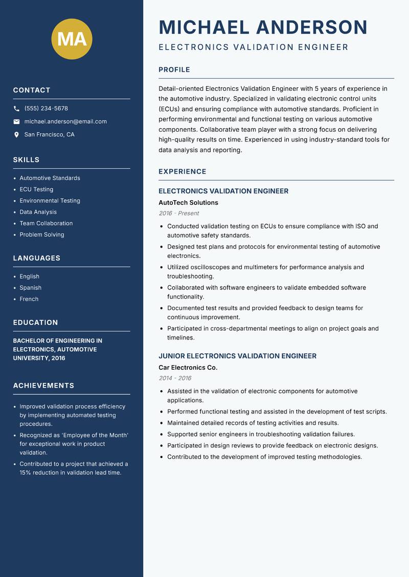 Electronics Validation Engineer Resume Preview Example