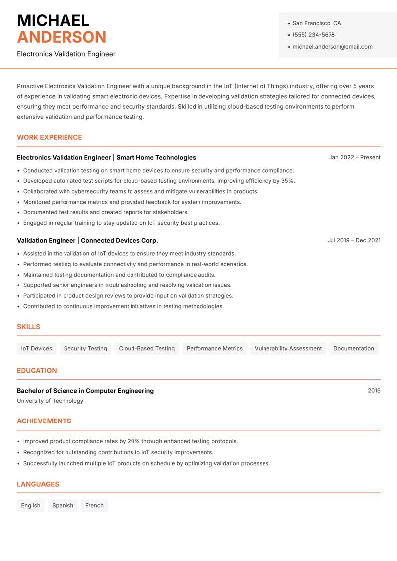 Electronics Validation Engineer Resume Template