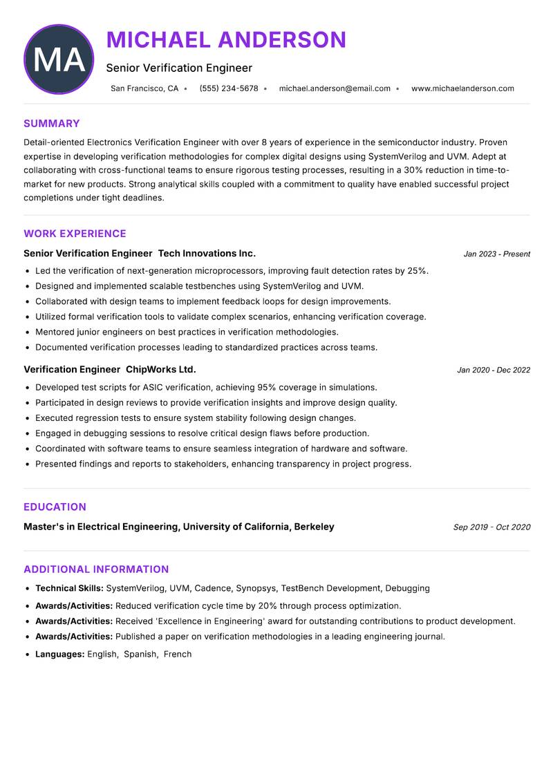 Electronics Verification Engineer Resume Preview Example