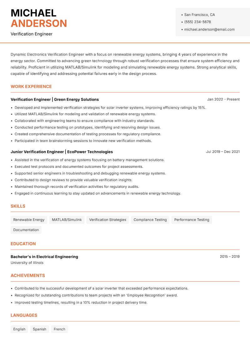 Electronics Verification Engineer Resume Template