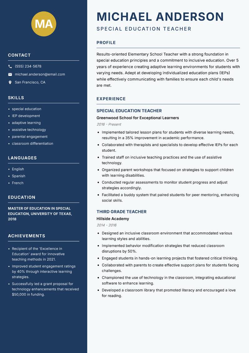 Elementary School Teacher Resume Preview Example