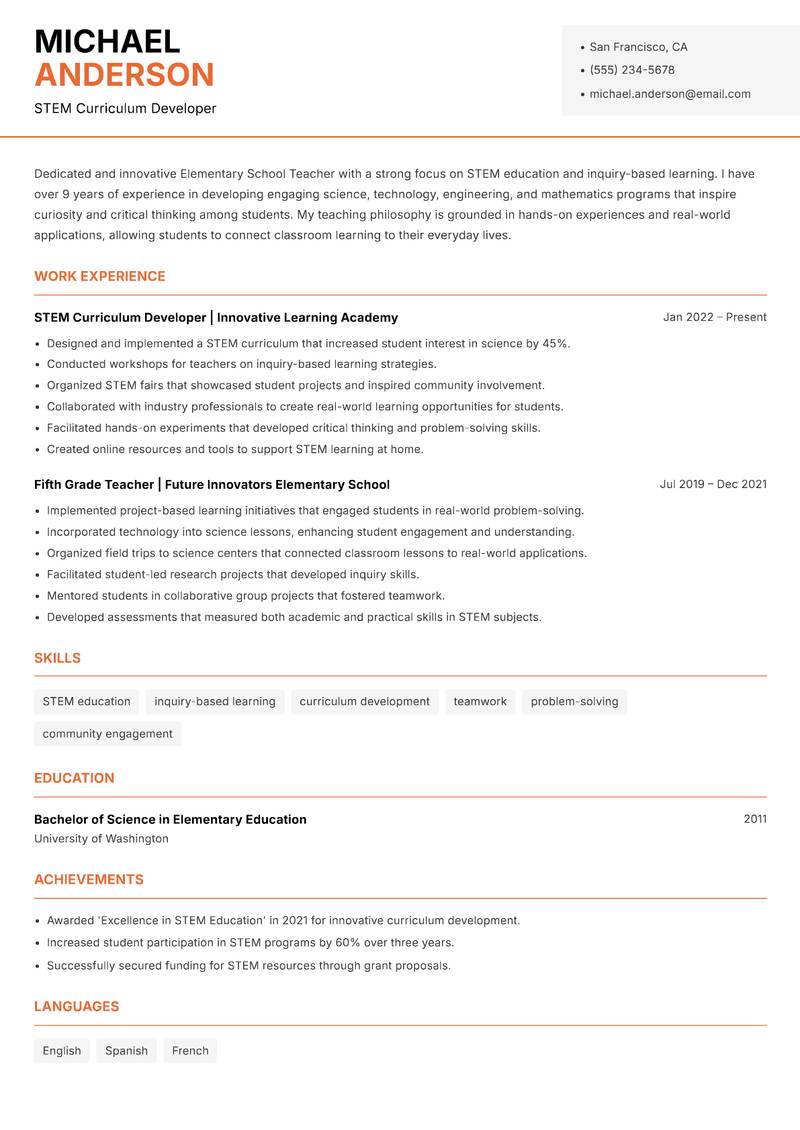 Elementary School Teacher Resume Template