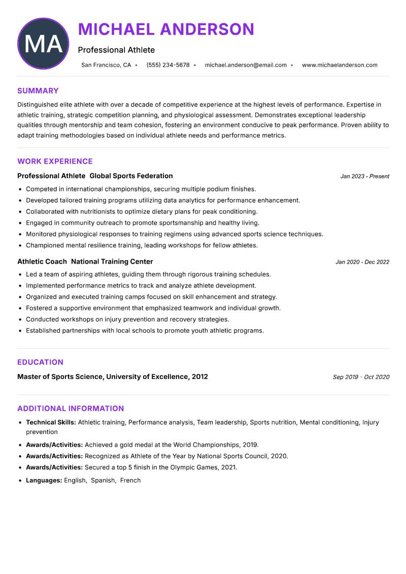 Elite Athlete Resume Preview Example