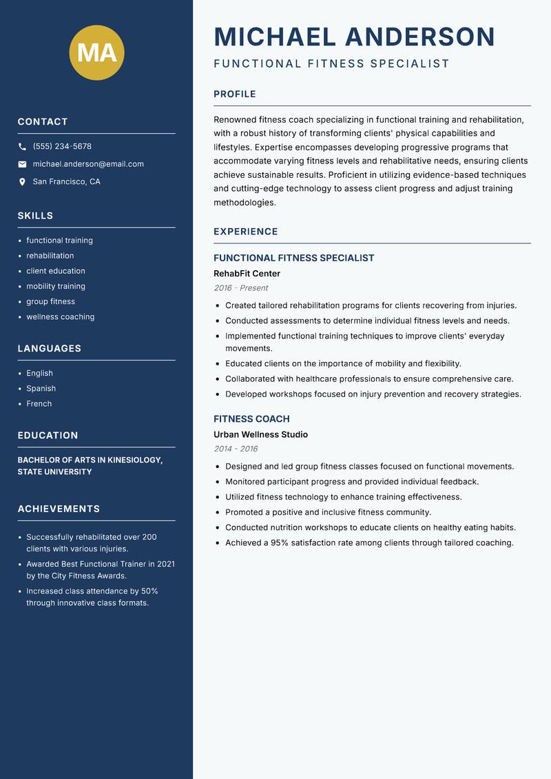 Elite Fitness Coach Resume Preview Example