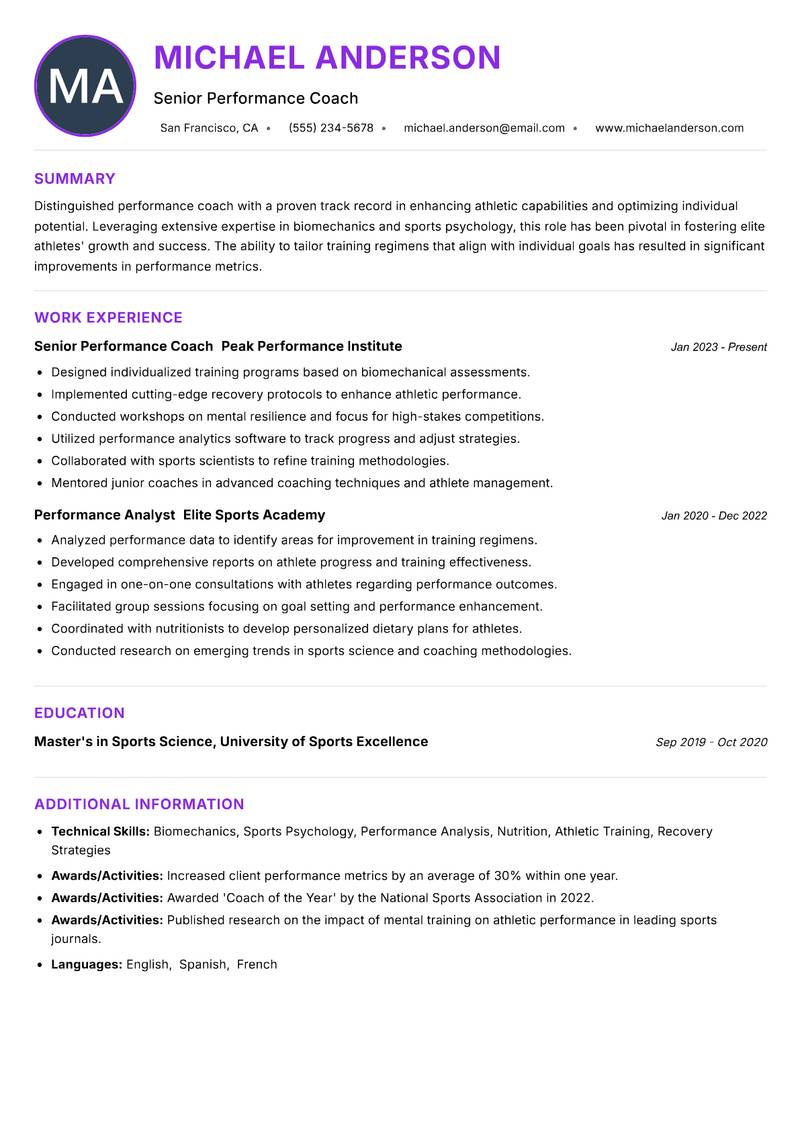 Elite Performance Coach Resume Preview Example