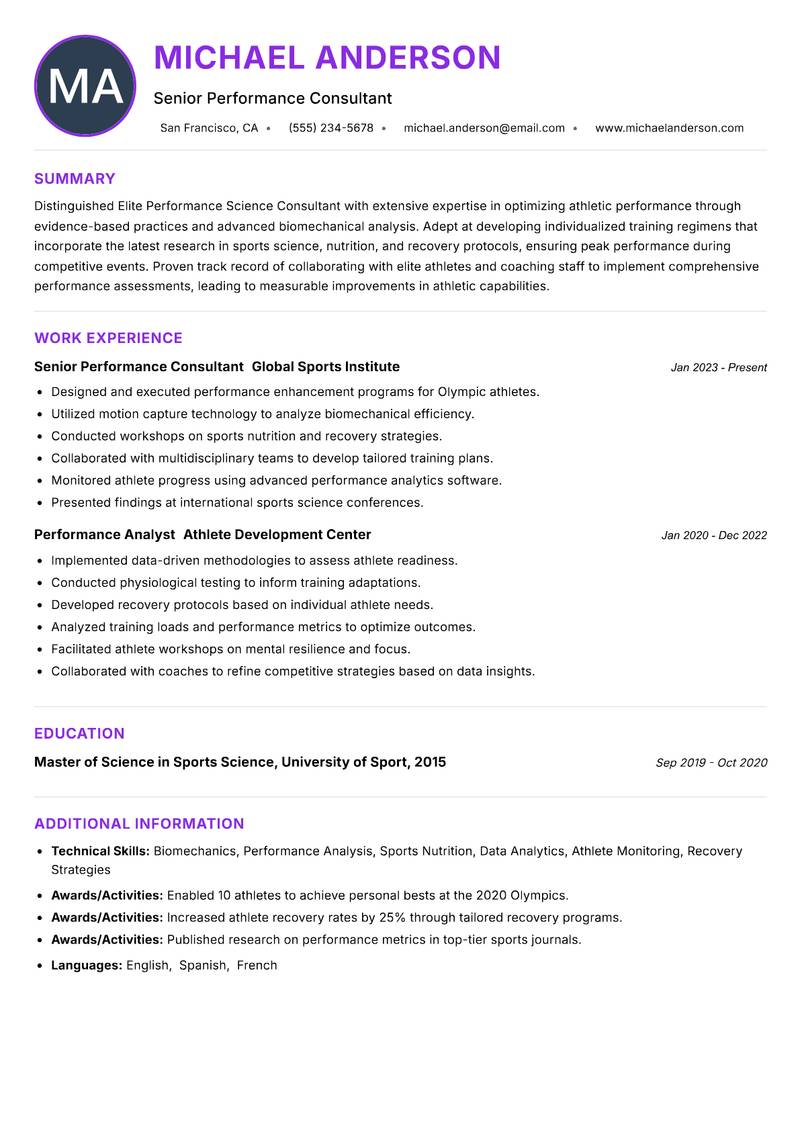 Elite Performance Science Consultant Resume Preview Example