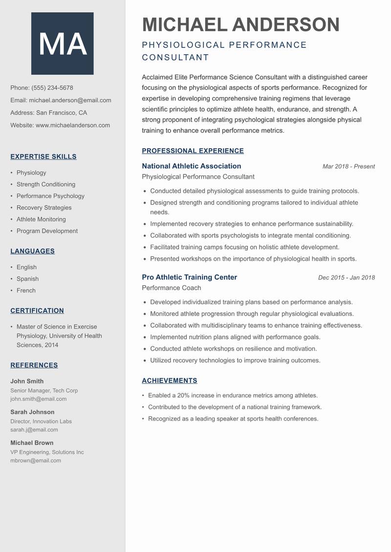 Elite Performance Science Consultant Resume Preview Example