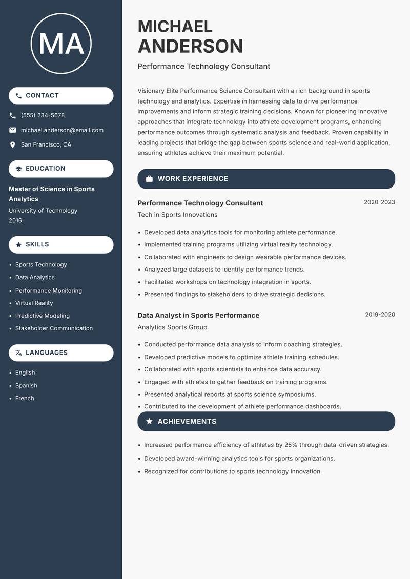 Elite Performance Science Consultant Resume Preview Example