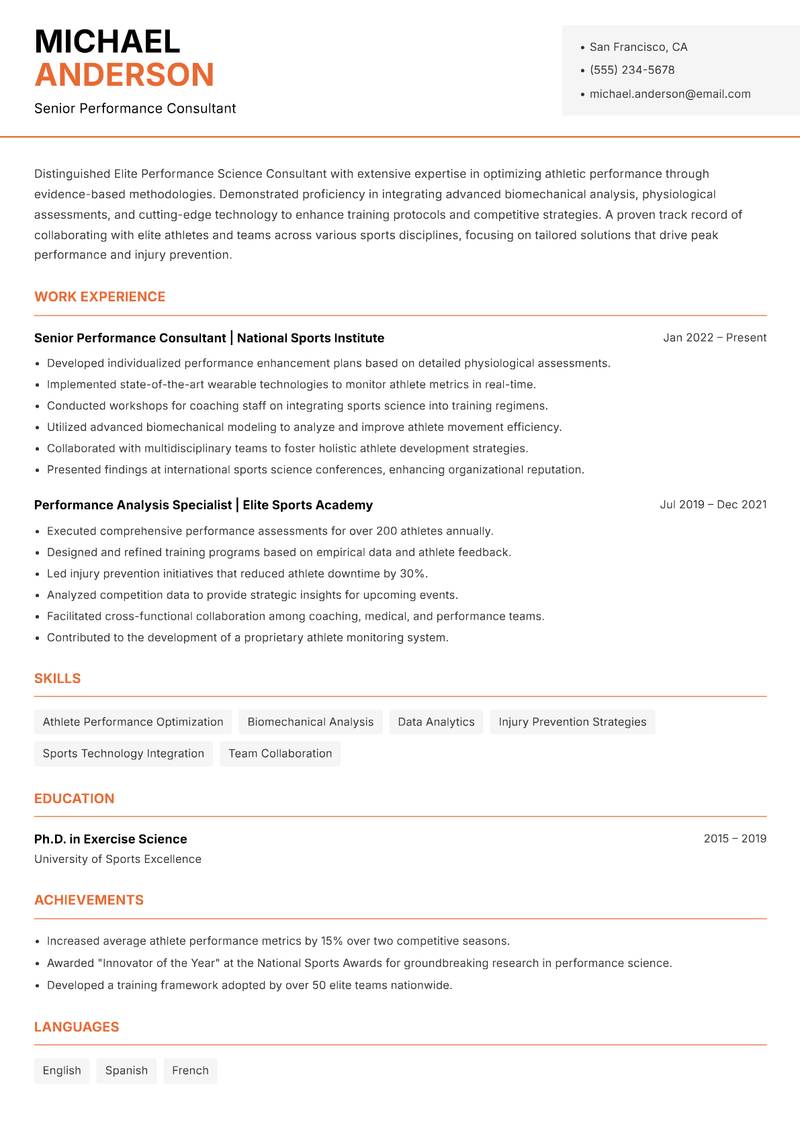 Elite Performance Science Consultant Resume Template