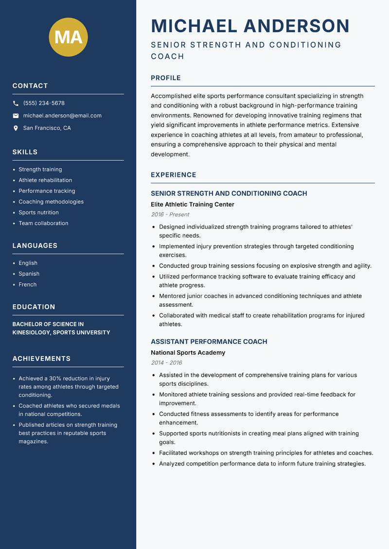 Elite Sports Performance Consultant Resume Preview Example