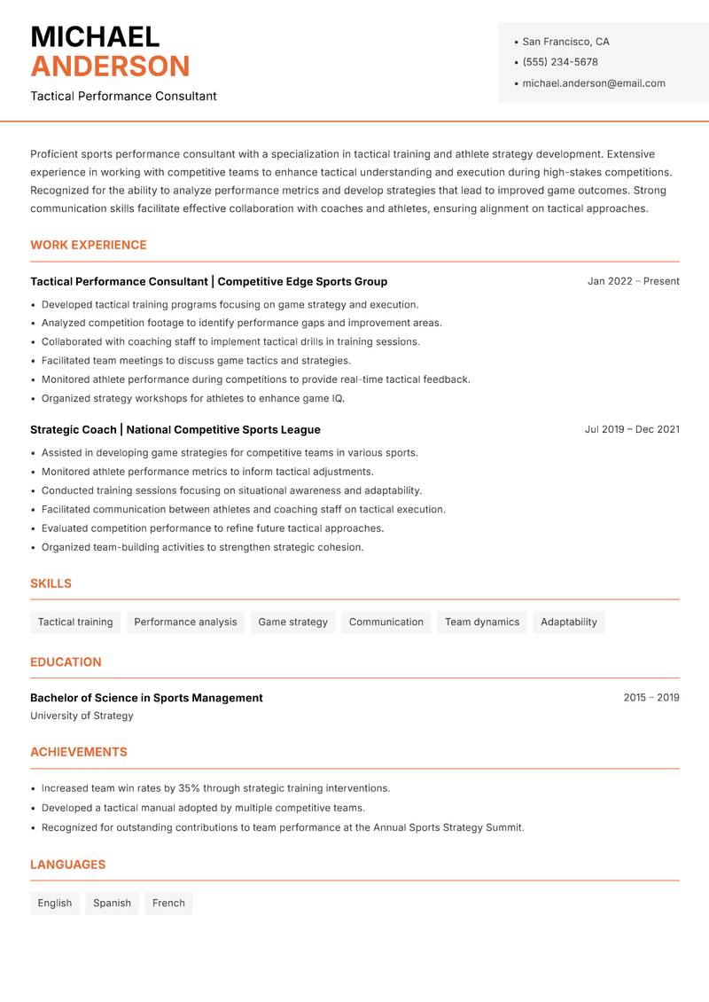 Elite Sports Performance Consultant Resume Template