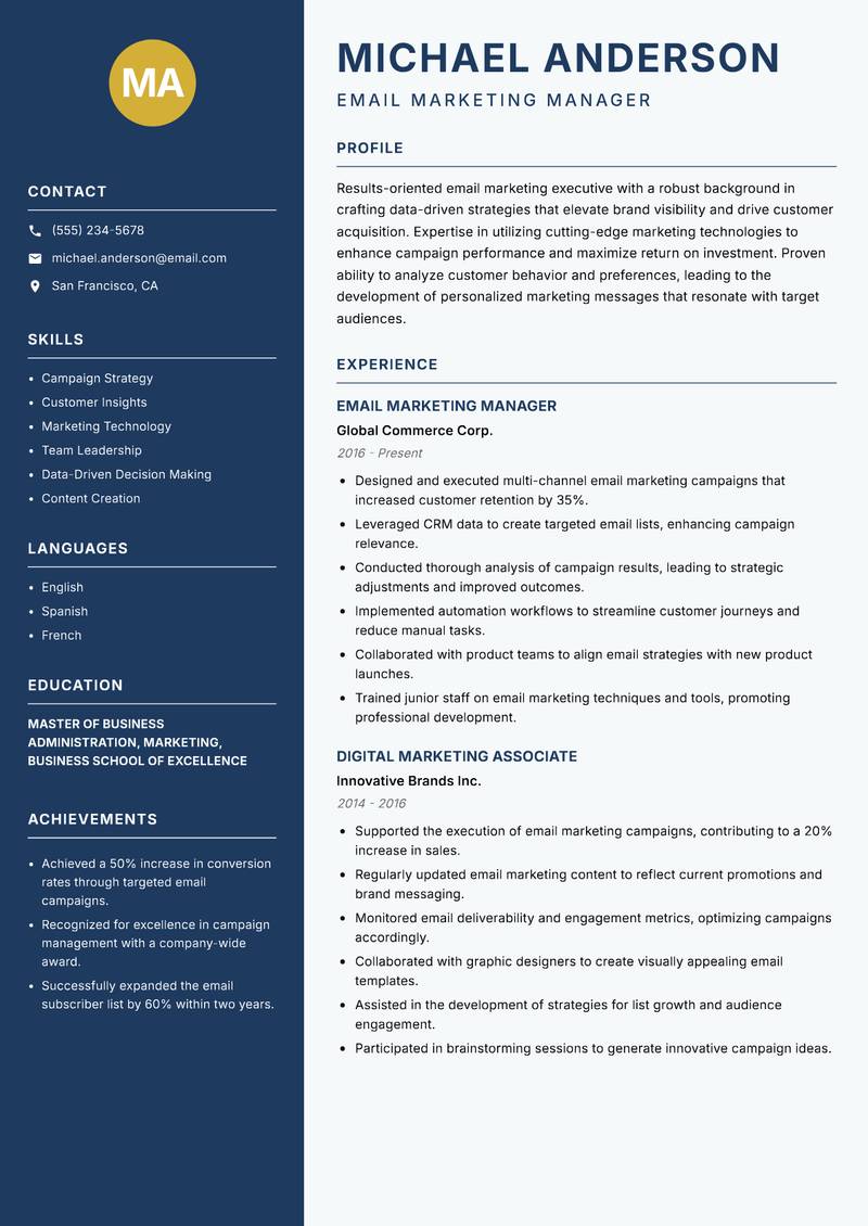 Email Marketing Executive Resume Preview Example
