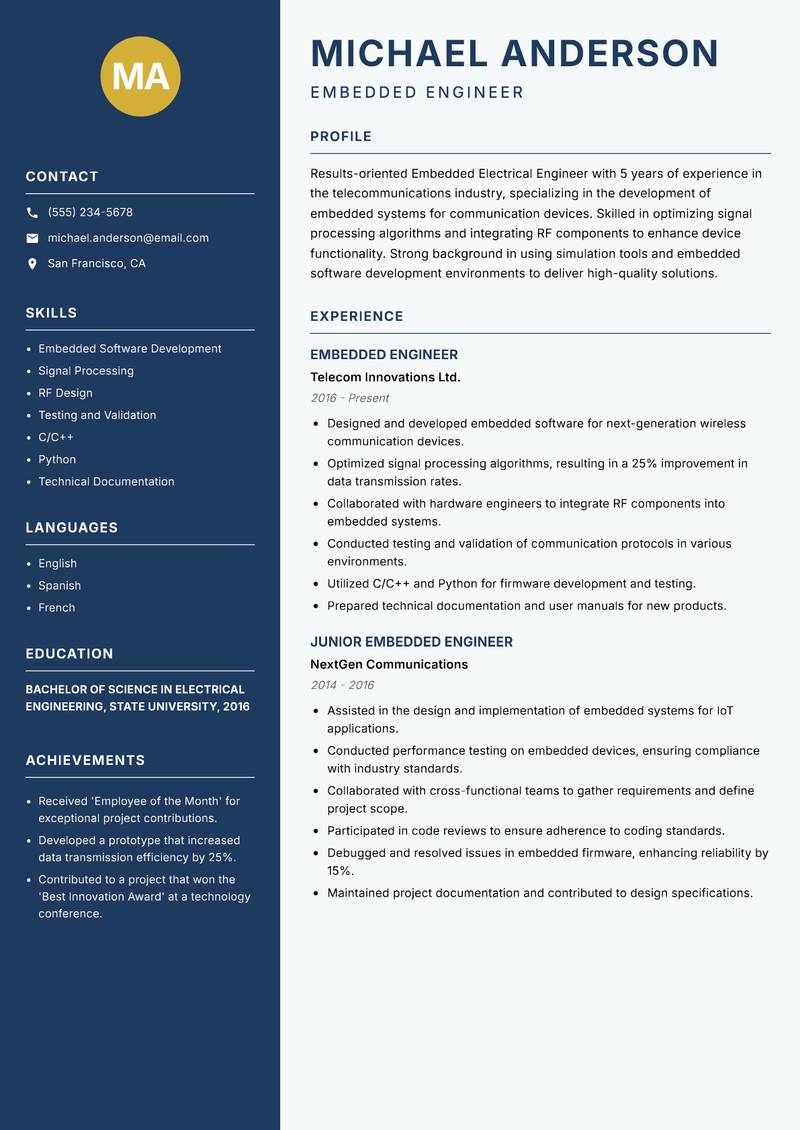 Embedded Electrical Engineer Resume Preview Example