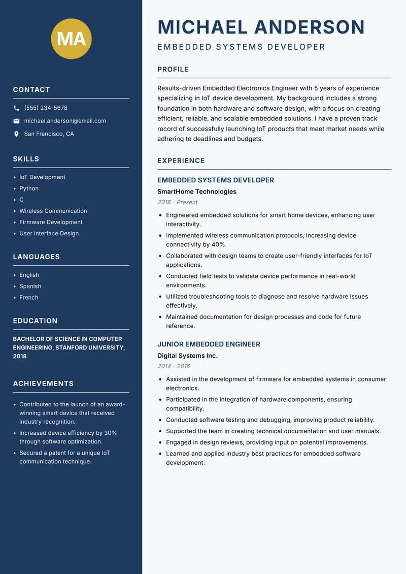 Embedded Electronics Engineer Resume Preview Example
