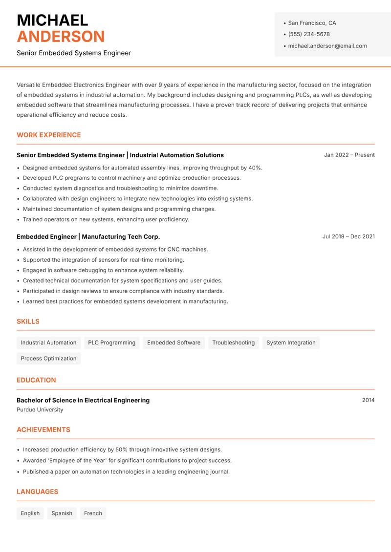 Embedded Electronics Engineer Resume Template