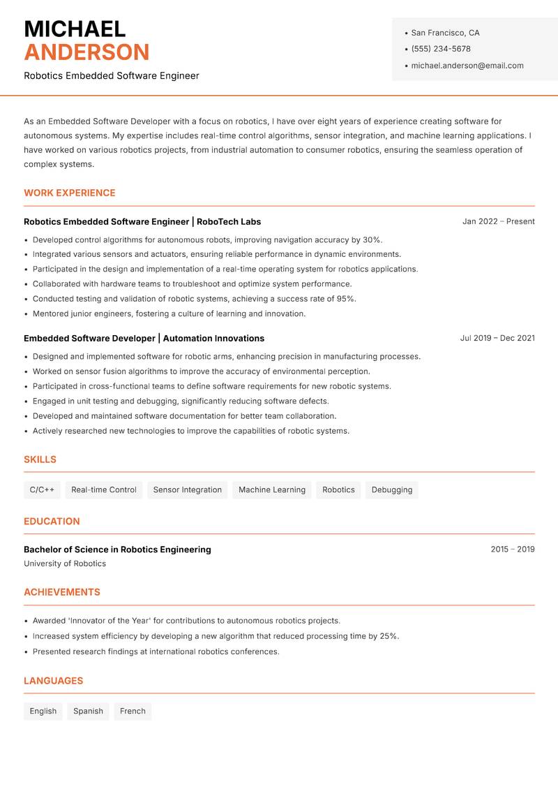 Embedded Software Developer Resume Template