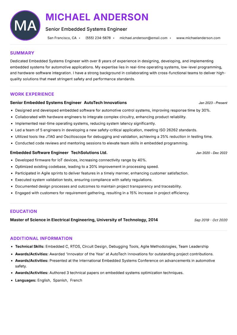 Embedded Systems Engineer Resume Preview Example