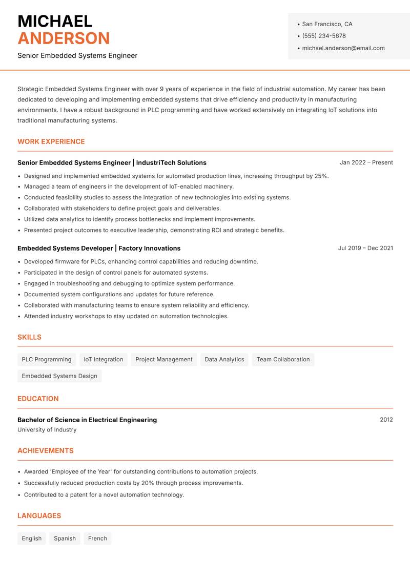 Embedded Systems Engineer Resume Template