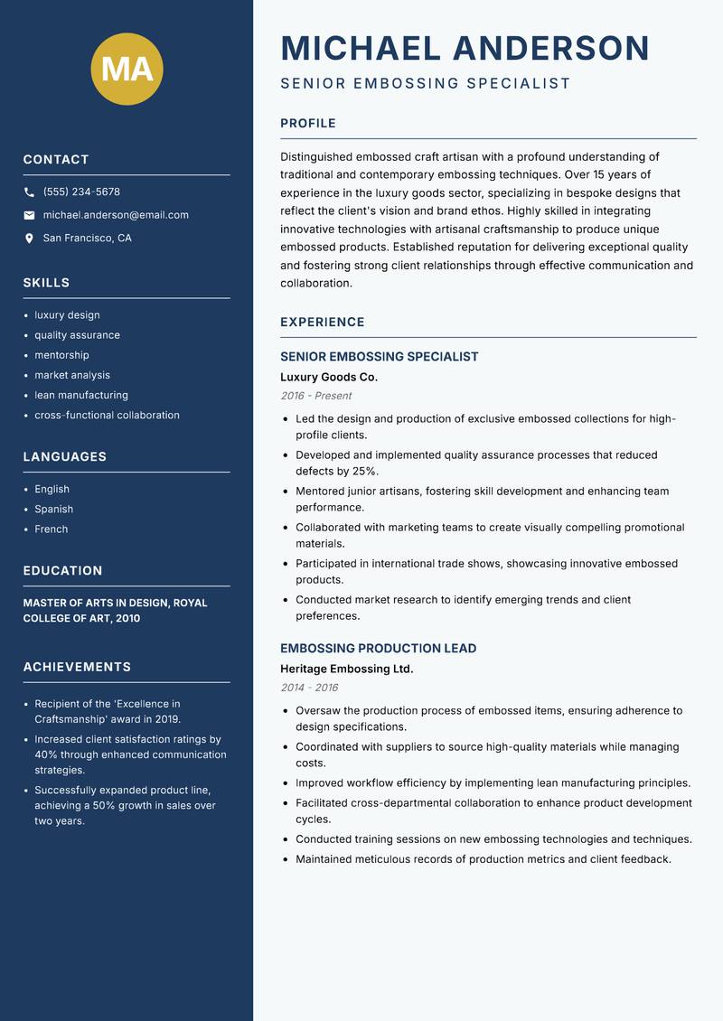 Embossed Craft Artisan Resume Preview Example