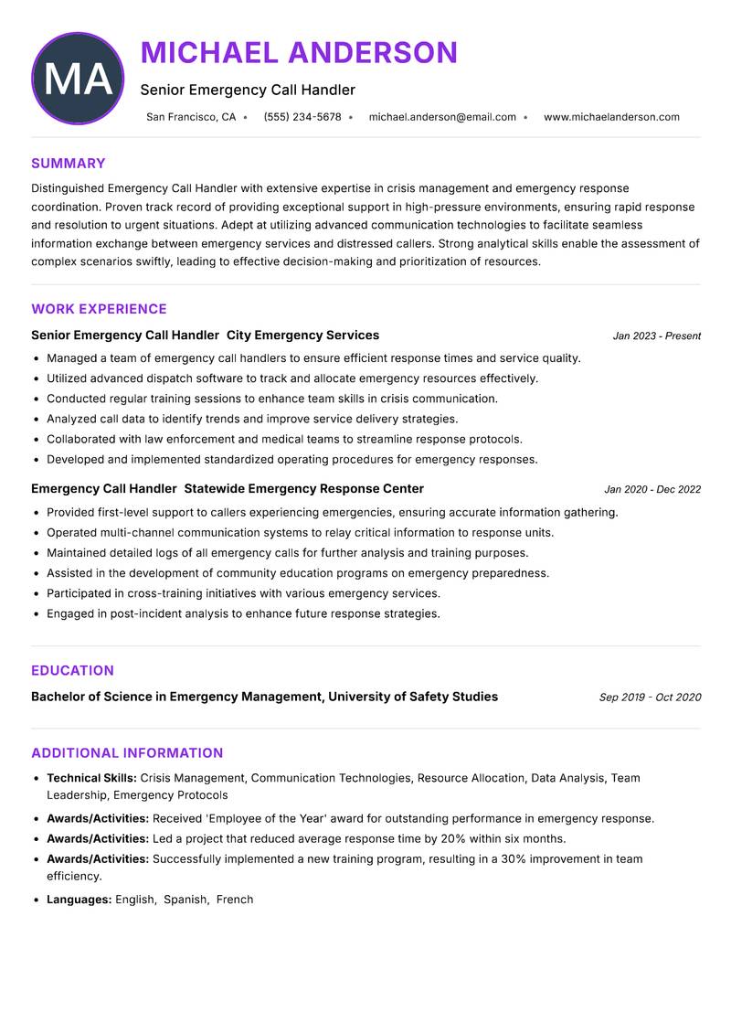 Emergency Call Handler Resume Preview Example