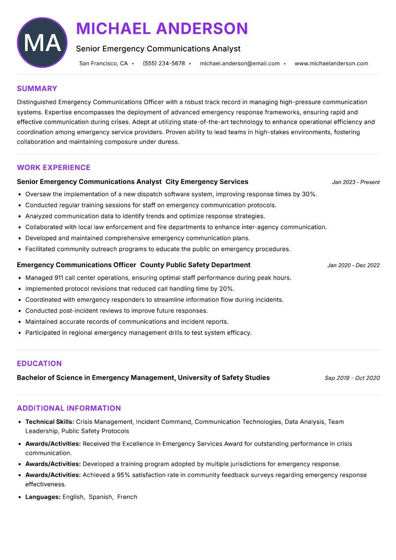Emergency Communications Officer Resume Preview Example