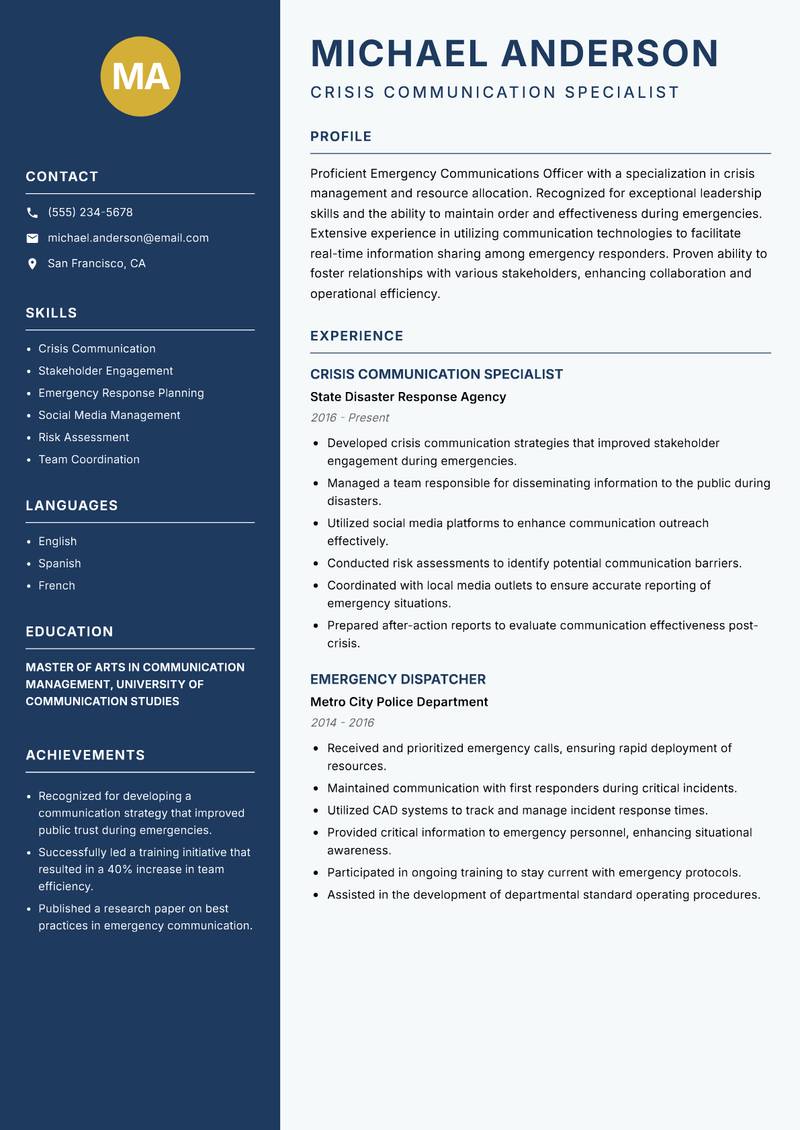 Emergency Communications Officer Resume Preview Example