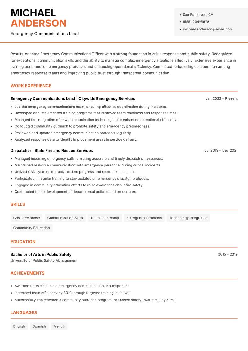 Emergency Communications Officer Resume Template