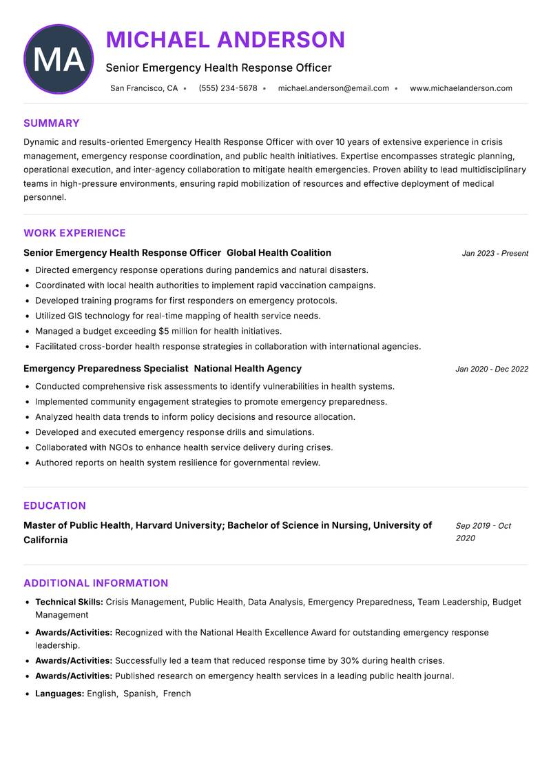 Emergency Health Response Officer Resume Preview Example