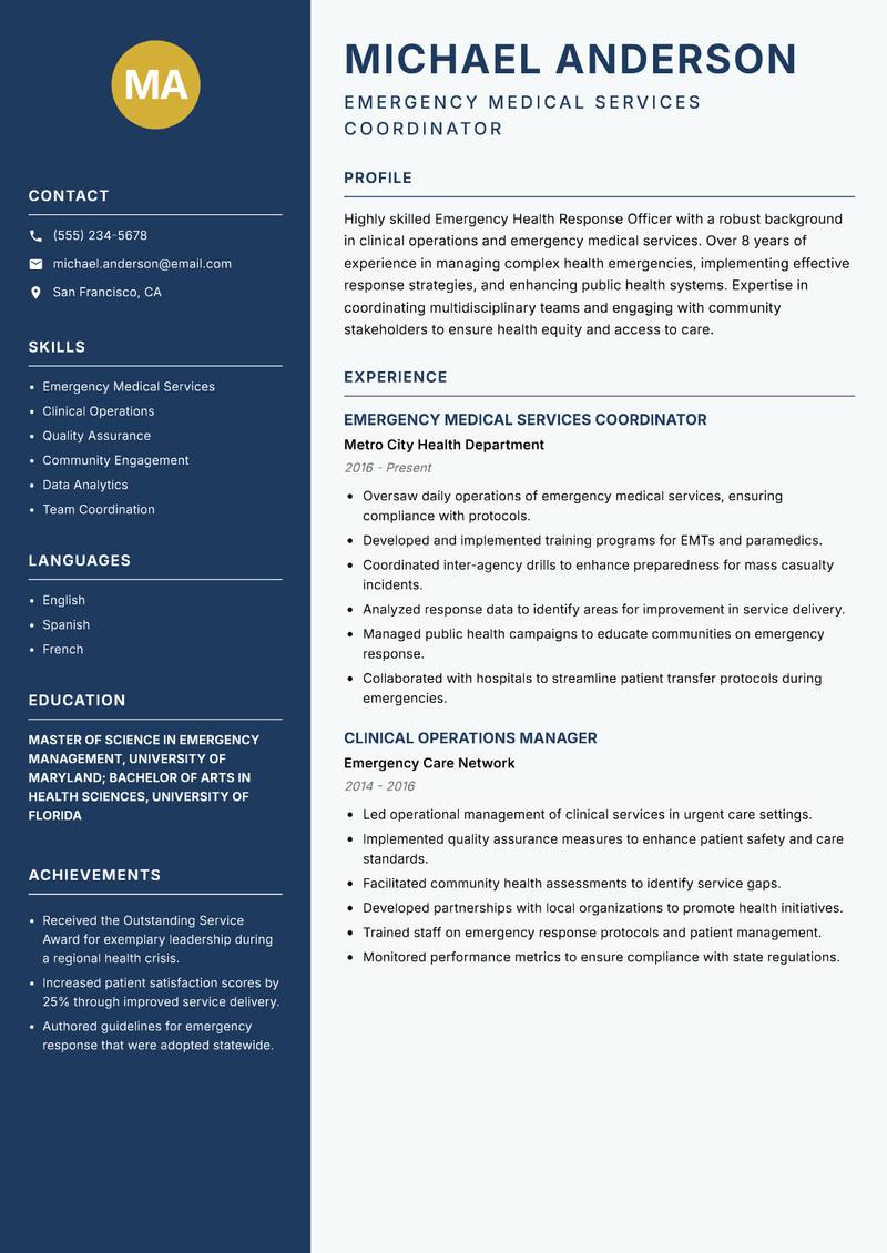 Emergency Health Response Officer Resume Preview Example