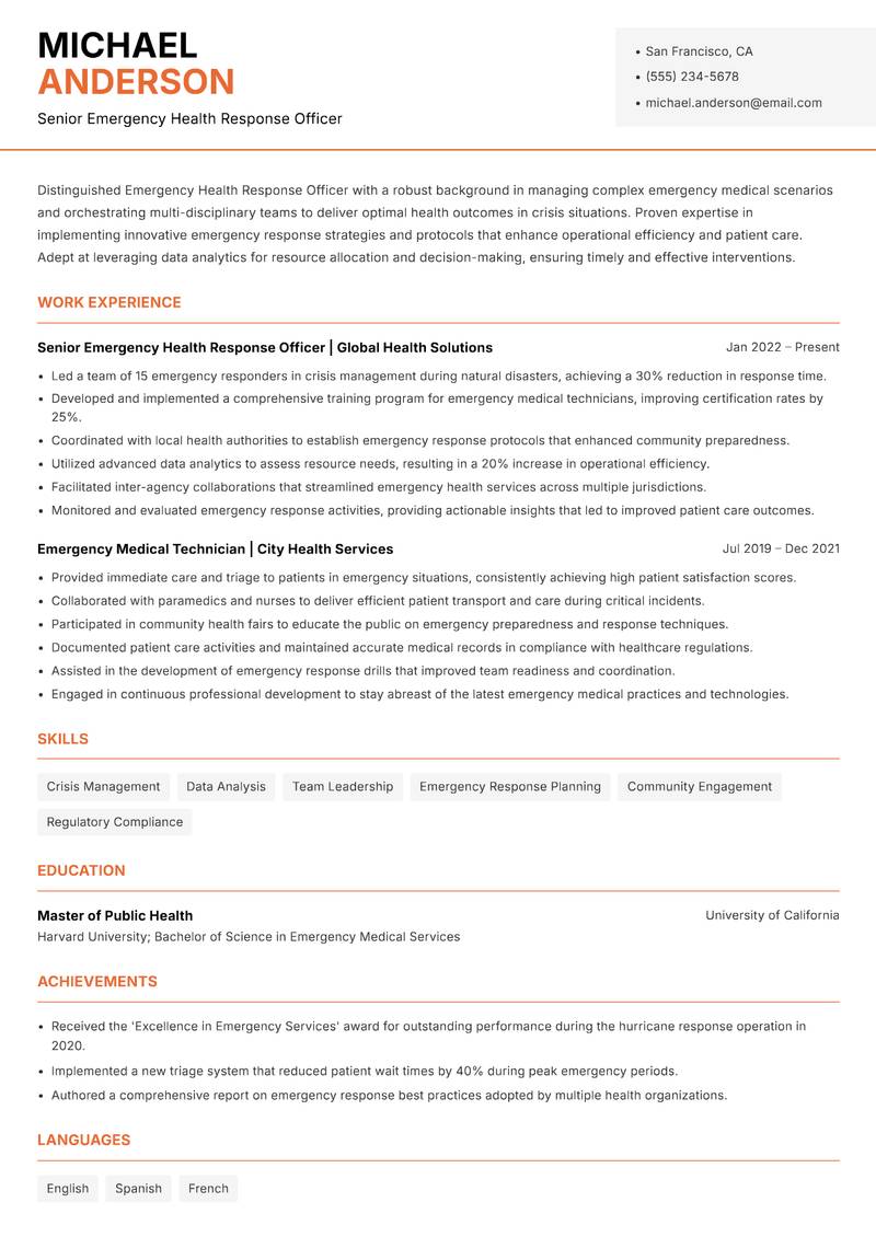 Emergency Health Response Officer Resume Template