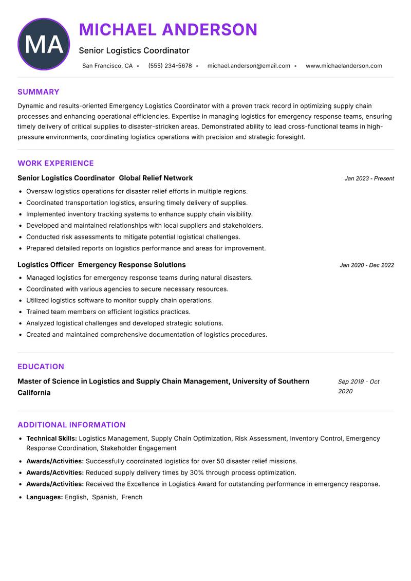 Emergency Logistics Coordinator Resume Preview Example