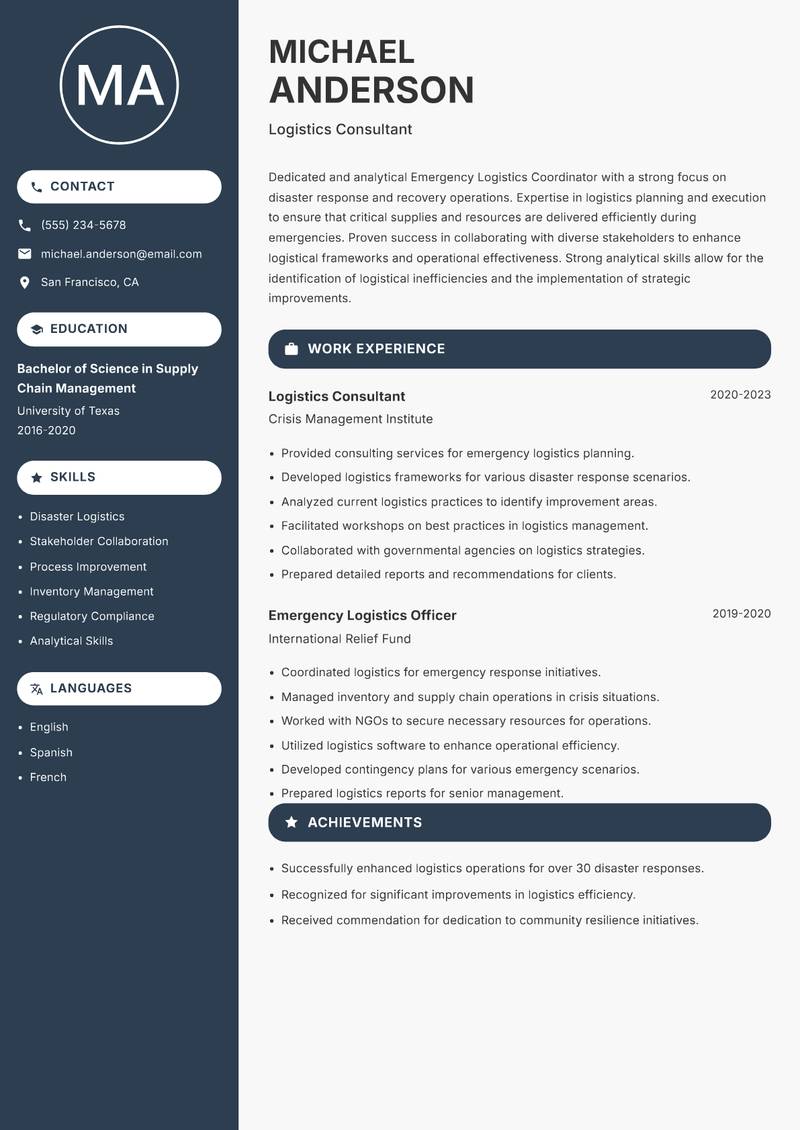 Emergency Logistics Coordinator Resume Preview Example