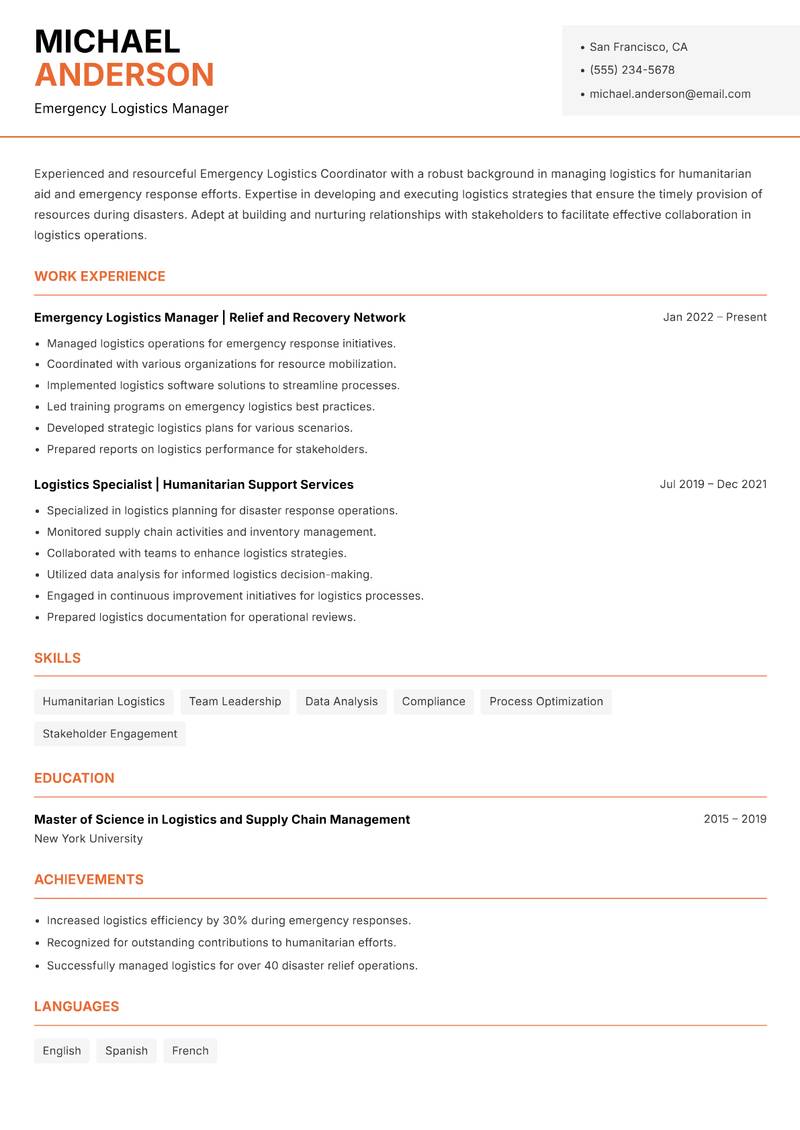 Emergency Logistics Coordinator Resume Template