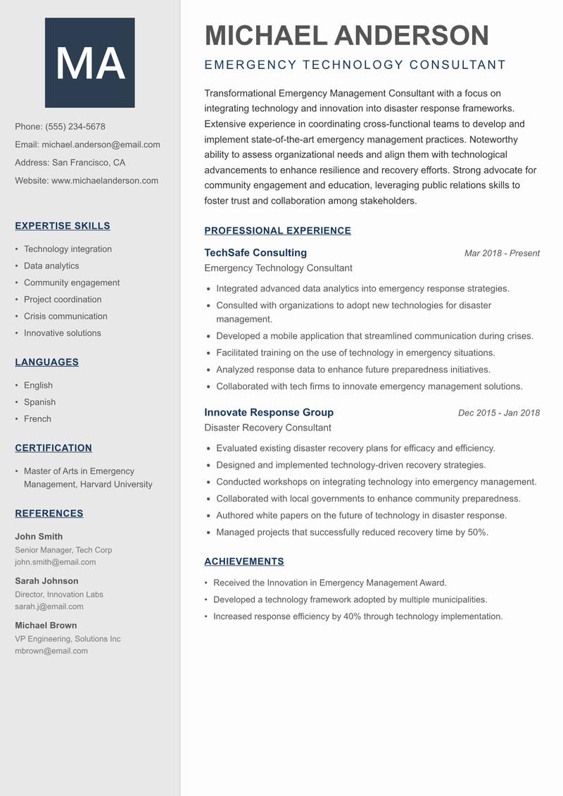 Emergency Management Consultant Resume Preview Example