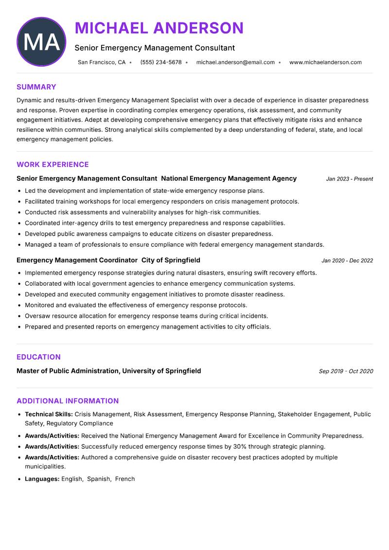 Emergency Management Specialist Resume Preview Example