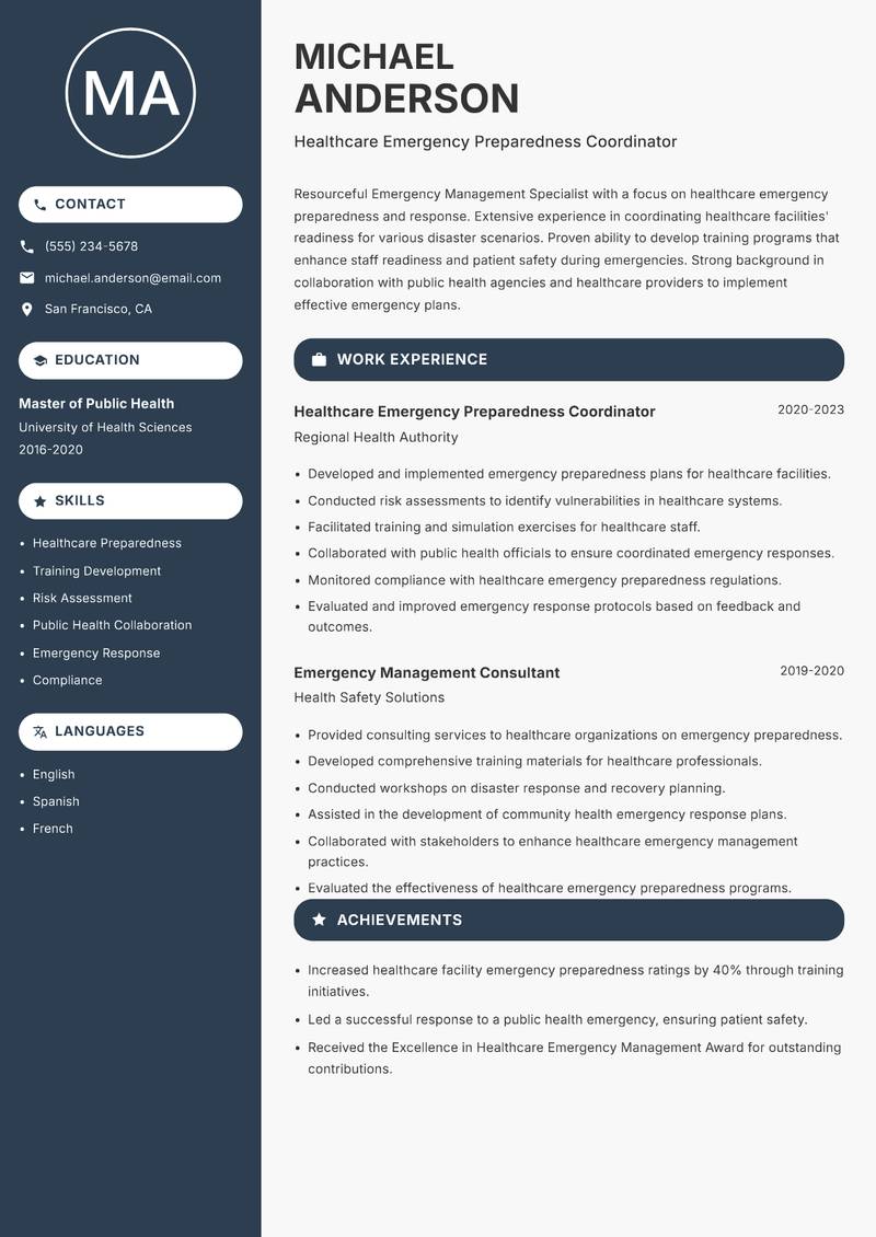 Emergency Management Specialist Resume Preview Example