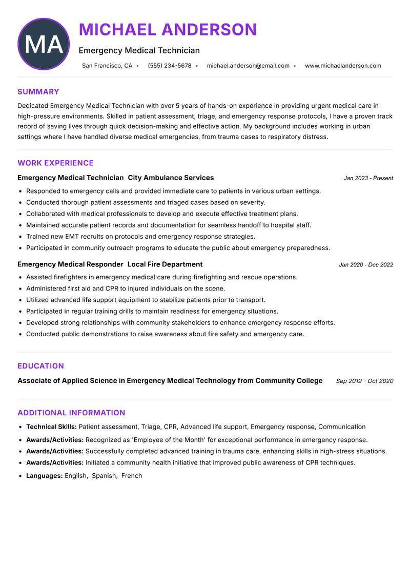 Emergency Medical Technician Resume Preview Example