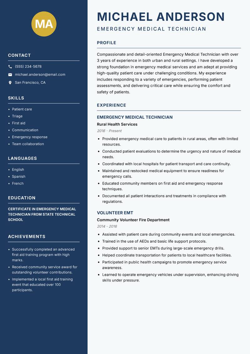Emergency Medical Technician Resume Preview Example