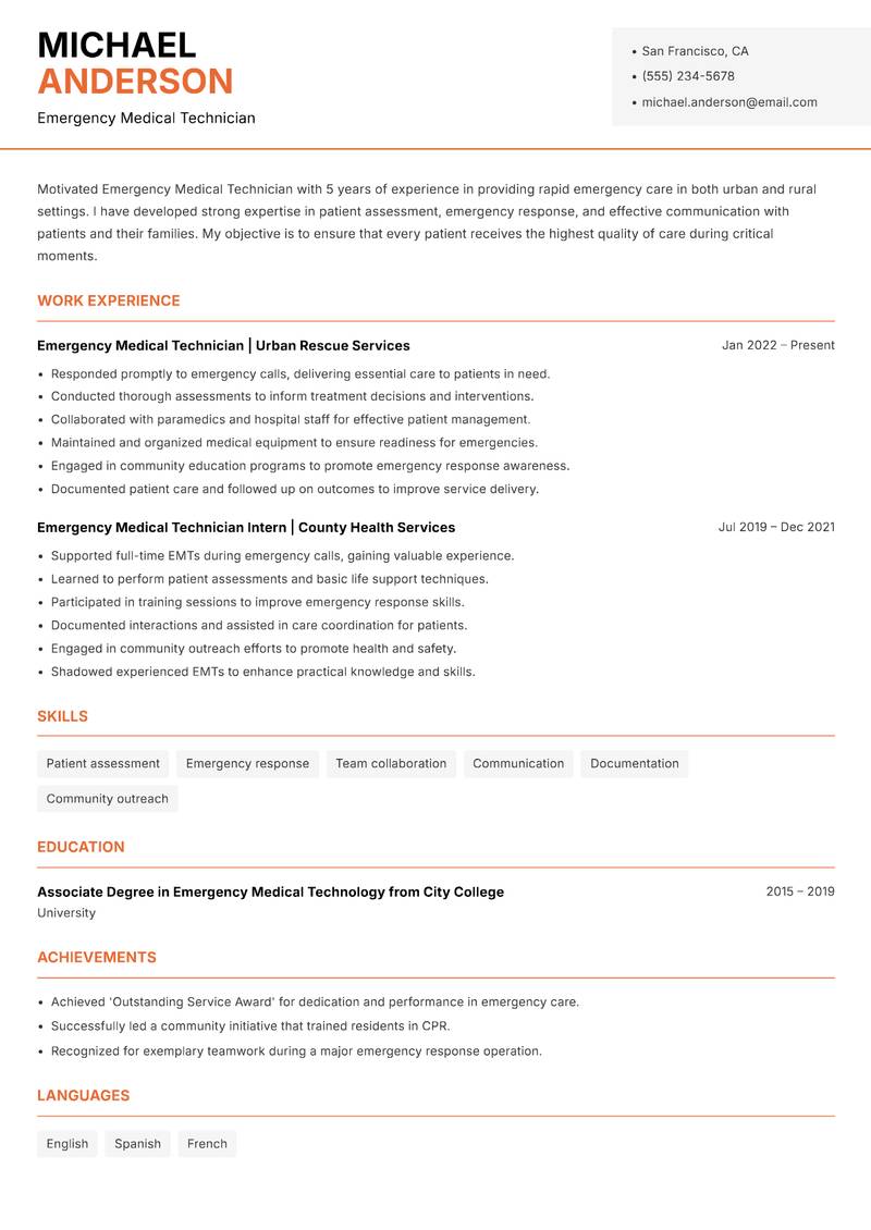 Emergency Medical Technician Resume Template