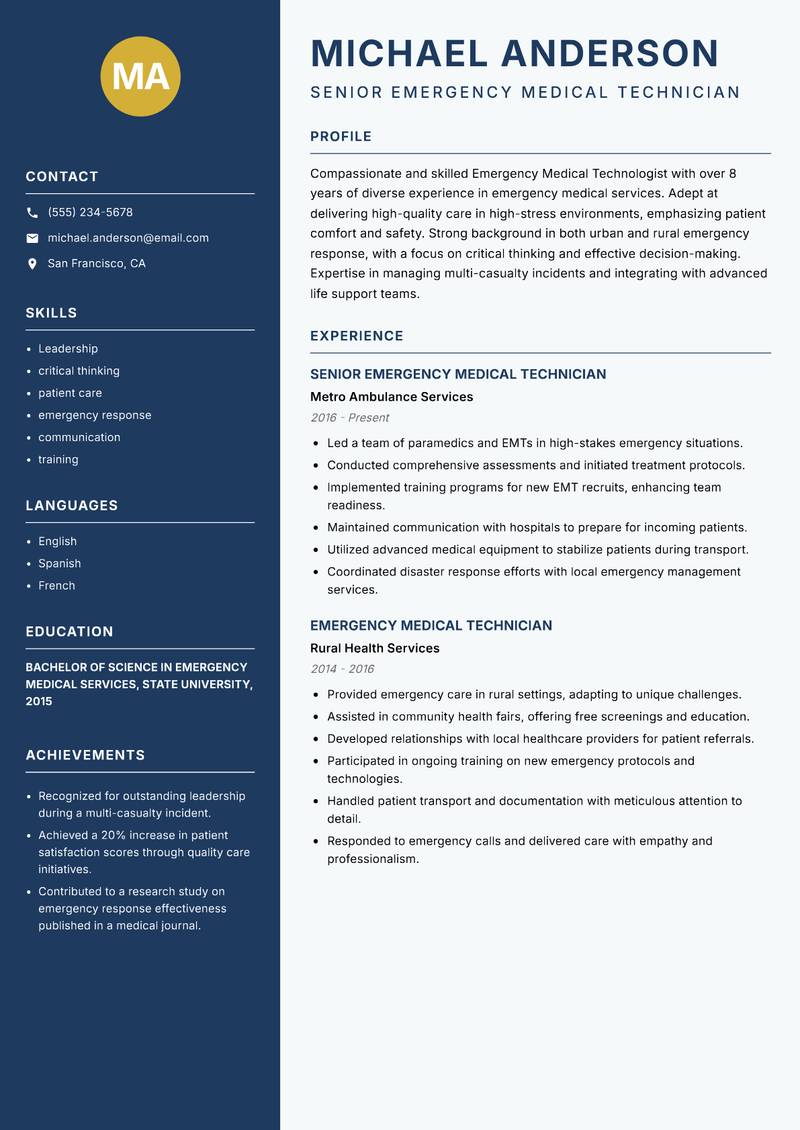Emergency Medical Technologist Resume Preview Example